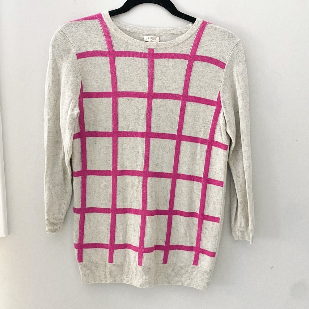 J. Crew Windowpane shimmer sweater in hot pink and gray